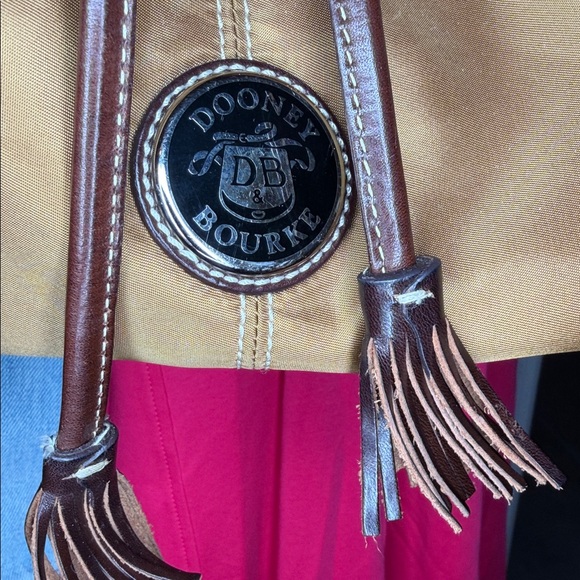 Dooney & Bourke EUC Tan With Brown Nylon Trim Drawstring Bucket Bag - Picture 2 of 7